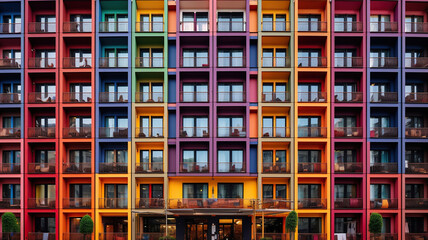 Fototapeta na wymiar multicolored building with lots of windows and balconies. Generative Ai