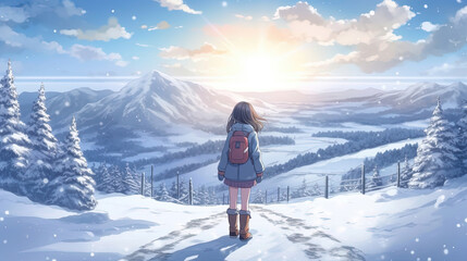 Fototapeta na wymiar Anime girl in winter clothes stands on a snowy hill