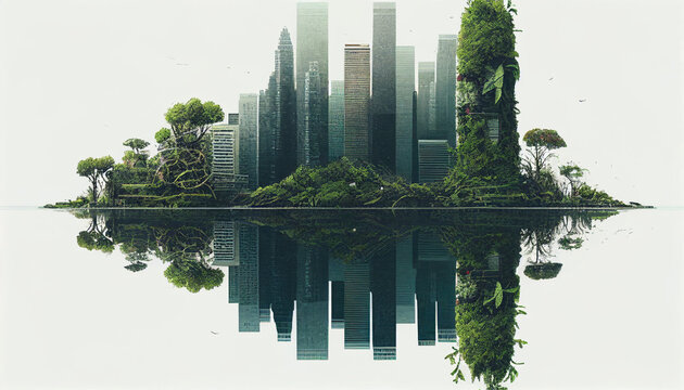 Spiegelbild einer Stadt im Wasser, grüne Stadt und Energie, Ökosystem an Hausfassade Hochhaus, gesund Leben Stadtzentrum, Umweltschutz, Generative AI 