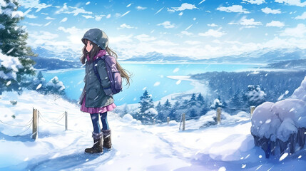 Fototapeta na wymiar Anime girl in winter clothes stands on a snowy hill
