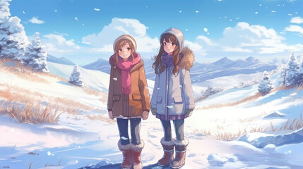 Anime girl in winter clothes stands on a snowy hill