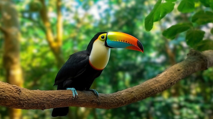 Obraz premium Toucan sitting on the branch in the forest. Generative Ai