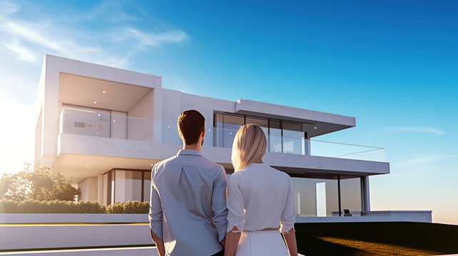 young couple standing and hugging together looking happy in front of their new house to start new life. Generative Ai