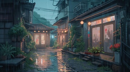 Fototapeta premium LOFI house on the streets, anime manga style illustration, background wallpaper