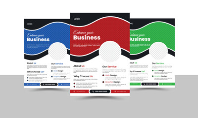 Corporate business flyer template design set with red, blue, and green colors variation. organic shape modern creative unique idea cover brochure a4 size half page flyer background for company and 