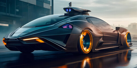 Sci-fi car of the future in the city