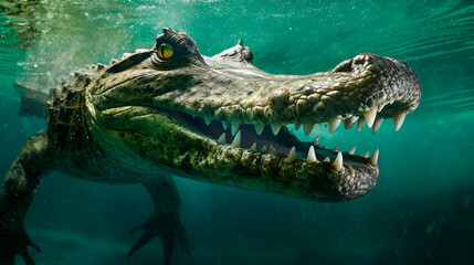 Wildlife crocodile green underwater photography. Open jaw reptile teeth. Dangerous animal river mangrove forest close up photo