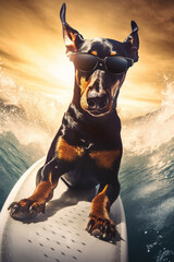 cooler fröhlicher Dobermann Hund beim surfen auf einem Surfborad im Meer. Hochformat. Hochkant. Generative Ai.