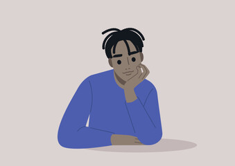 A young African character propping up their face with hand, attentive listener