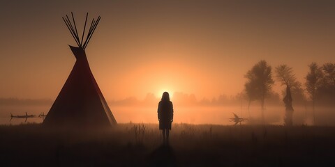 AI Generated. AI Generative. Native american western camping indian tent wigwam. Lonely fog mist mystic morning vibe. Graphic Art