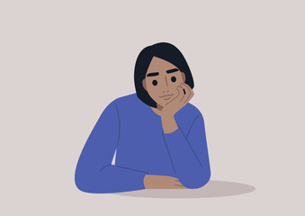 A young Caucasian character propping up their face with hand, attentive listener
