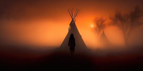 Fototapeta na wymiar AI Generated. AI Generative. Native american western camping indian tent wigwam. Lonely fog mist mystic morning vibe. Graphic Art