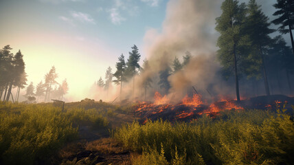 Fototapeta premium Countryside forest with cloudy sky covered by fire smoke during the evening. Generative Ai