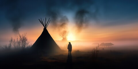 AI Generated. AI Generative. Native american western camping indian tent wigwam. Lonely fog mist mystic morning vibe. Graphic Art - obrazy, fototapety, plakaty