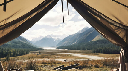 view from touristic tent to mountain valley. Generative Ai