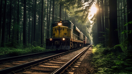 Naklejka na ściany i meble a train traveling down train tracks next to a forest. Generative Ai