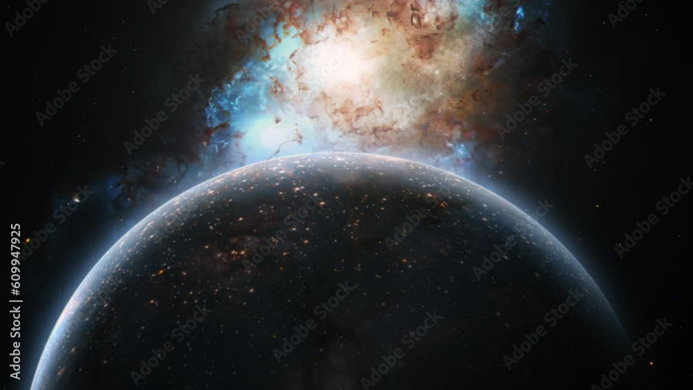 Sticker abstract outer space view unidentified alien planet with double quasar in distant universe backgroun