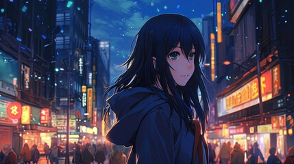 Obraz premium Anime girl with a cityscape background