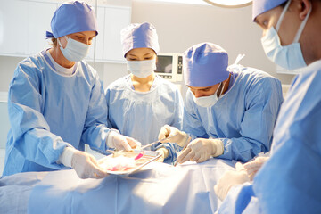 Team of doctors and assistants performing surgery on a patient medical concept.