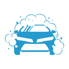 Car wash logo. Flat illustration of a car, soap bubbles and foam
