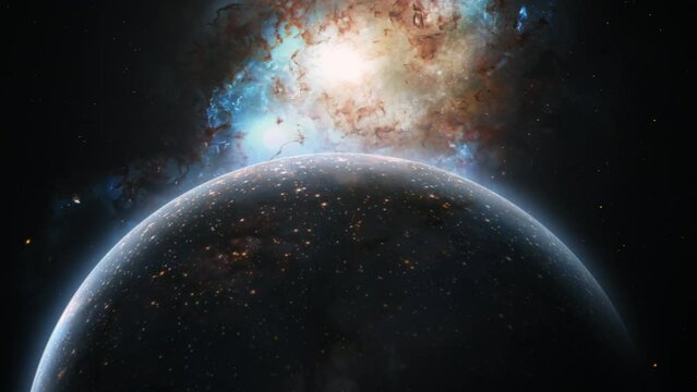 Abstract outer space view Unidentified alien planet with double quasar in distant universe background animation abstract Sci Fi galaxy cinematic title