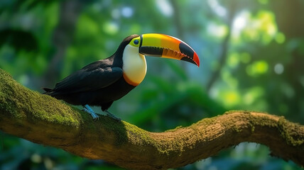 Fototapeta premium Toucan sitting on the branch in the forest. Generative Ai