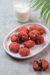 red velvet soft cookies serve on a white plate