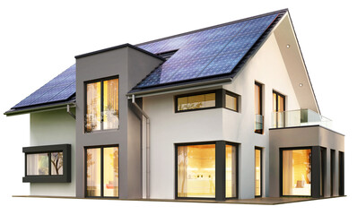 Modern house with solar panels on a transparent background - 609948724
