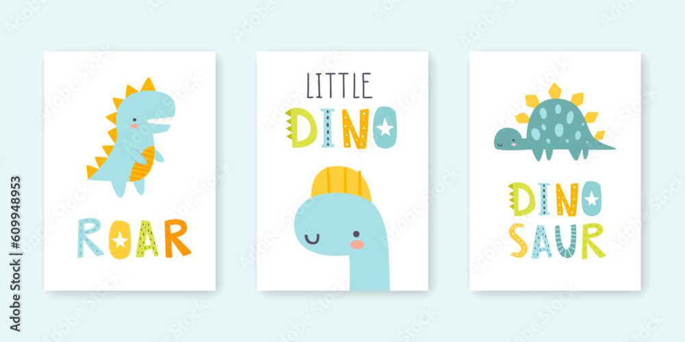Canvas Prints cute dino prints set with text. posters with abstract little dinosaurs and lettering. scandinavian p