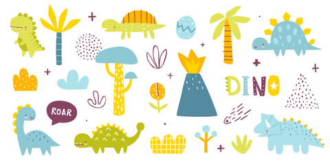 Cute dino colorful set. Naive dinosaurs collection for baby boys. Abstract vector dino bundle. © Sonium_art