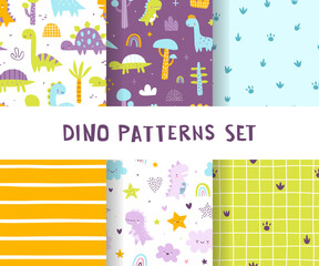 Cute pattern set with dino for kids. Seamless vector colorful print collection with abstract dinosaurs for baby textile.