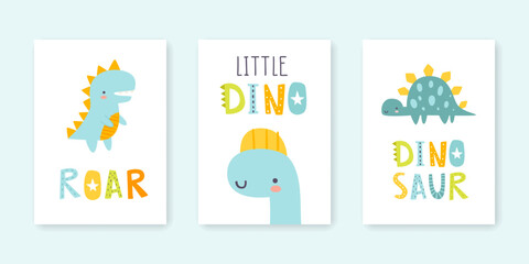 Cute dino prints set with text. Posters with abstract little dinosaurs and lettering. Scandinavian prints for baby boys. © Sonium_art