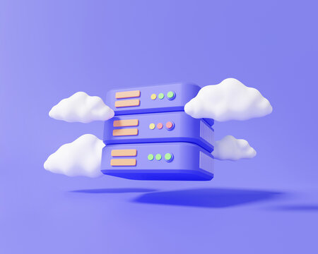 System cloud computing data center server storage database icon on purple background. digital technology electronic. security protection online platform backup. minimal cartoon. 3d render illustration