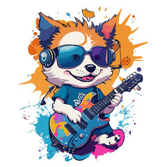Dog playing guitar with colorful splash. Generative ai. Png