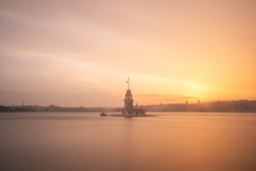 Fototapeta na wymiar New Maiden's Tower, sunset and fog.