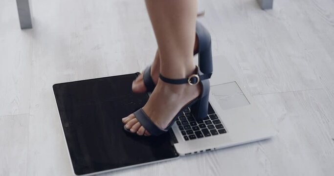 Foot, floor and laptop with angry, frustrated woman and stress for glitch, 404 error or problem in IT company. Business woman, pc and smash on office flooring with mental health, crisis or anger