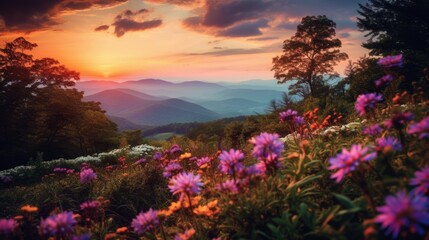 Fototapeta na wymiar Purple flowers in the mountains at sunset. Generative AI
