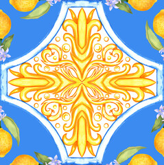 Fototapeta na wymiar Mediterranean seamless pattern. Blue majolica tiles and yellow lemons endless background. Sicilian traditional print for fabric and wallpaper. Blue azulejo.