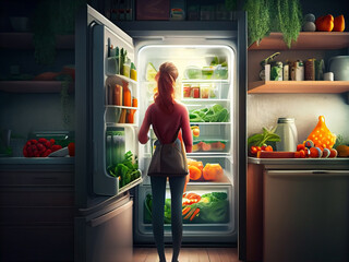 A painted image of a young woman, viewed from the back, in front of a huge open kitchen refrigerator with a lot of vegetables and fruits, at night. Generative AI