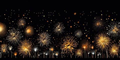 Fireworks in black night sky, wide banner for independence day, holiday background