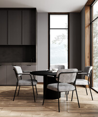 Modern dark grey kitchen interior, 3d rendering