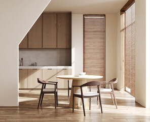 Modern dark kitchen and dining room interior with wooden furniture and kitchenware, luxury kitchen, 3d rendering