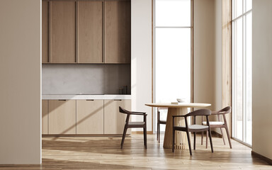 Modern light kitchen interior with dining area near window, wooden concept, 3d rendering © Liliia