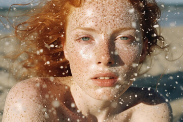 Fototapeta na wymiar Glittering freckles sparkled against the alabaster complexion like distant galaxies.. AI generation