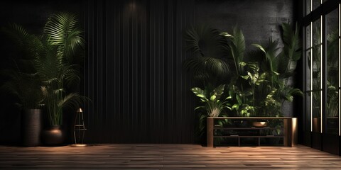 Interior in black with wood paneling and plants. mock up for an illustration.