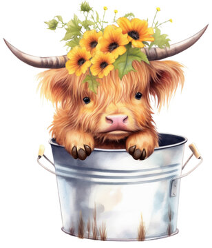 Cute Highland Cow, Wearing Sunflowers Crown Watercolor, Generative AI