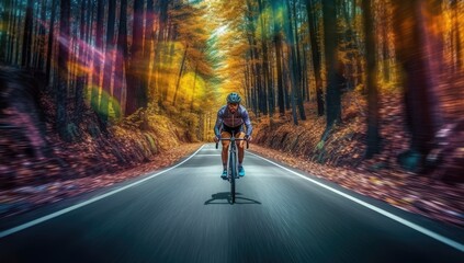Extreme bike rider on a road in a forest