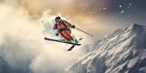 Jumping skier skiing. Extreme winter sports on mountain