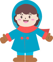 Cute girl vector winter theme. Colorful cute, hand drawn cartoon with winter lettering isolated on white background. young girl in a coat, winter in the city. Happy girl wearing winter clothes.