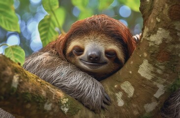 Cute brown sloth sleeping on the tree - obrazy, fototapety, plakaty